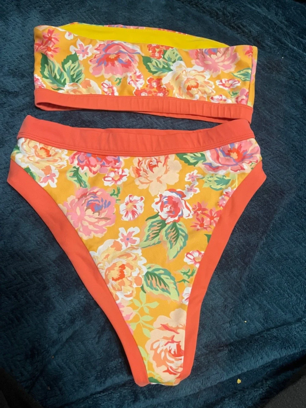 Lovers + Friends Yellow Floral Bandeau Bikini with Coral Trim - Picture 3 of 7